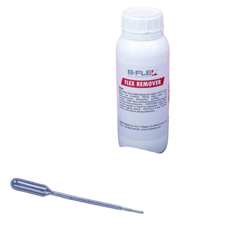 B.Flex Flex Remover bottle on a black shirt with 'Flex Remover' text against a red background