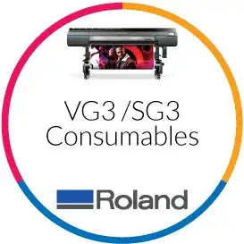 Roland VG3/SG3 consumables with a printer in a colorful circle on a white background