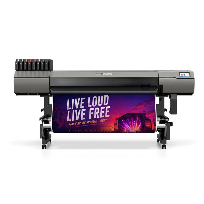 A large Roland digital wide-format printer shown on a clean white background, printing a colorful poster that reads 'LIVE LOUD LIVE FREE' with a concert scene graphic.